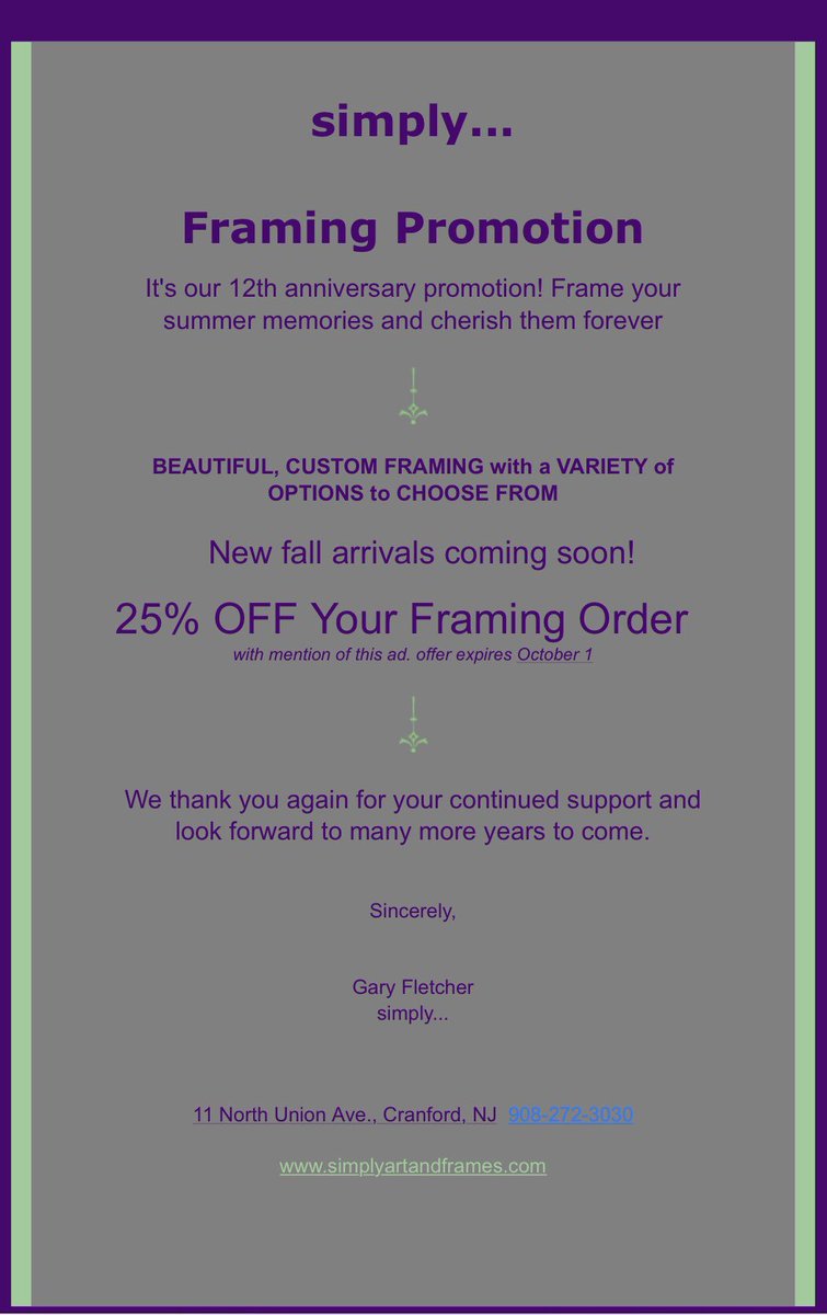 Check out our 12th anniversary framing promotion! Frame your summer memories and cherish them forever!

#framing #promotion #summer #12years #simply #smallbusiness #cranford #westfield #fanwood #garwood #clark #scotchplains #springfield #roselle #union #rosellepark #westorange