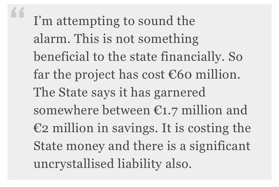 I went before the Oireachtas to sound the alarm about the  #PSC cost and risk.The Dept says the PSC has- all years to date-“contributed” to identifying between €1.7 and €2m in fraud costs. It has cost €62m.Savings!  https://www.thejournal.ie/public-services-card-oireachtas-committee-3840426-Feb2018/