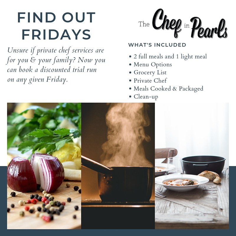 The Chef In Pearls (@thechefinpearls) on Twitter photo It's more than just a luxury having a personal chef to cook. We help save on life's biggest expense...TIME. Aren't sure of this service now you can find out first hand. Starting at $100 book trial service with The Chef In Pearls on any given Friday. Email chef@thechefinpearls.com It's more than just a luxury having a personal chef to cook. We help save on life's biggest expense...TIME. Aren't sure of this service now you can find out first hand. Starting at $100 book trial service with The Chef In Pearls on any given Friday. Email chef@thechefinpearls.com