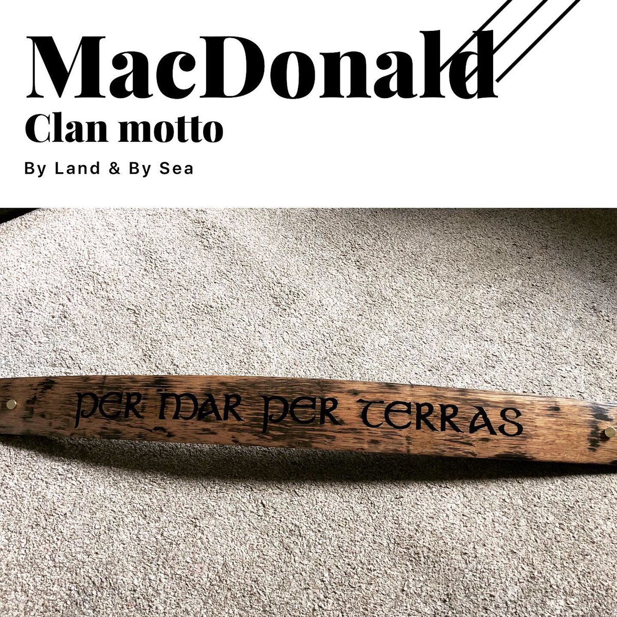 Whisky stave sign with the MacDonald clan motto making its way stateside 🇺🇸 The back of the stave has its black char detail due to the barrel being set on fire during production, this gives the whisky its delicious smoky character 🔥🥃#scottishclans #shopsmallbusiness #handmade