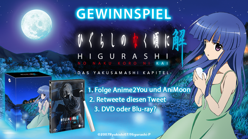Gewinnspiel! Wir verlosen das erste Volume von »Higurashi Kai« auf DVD und Blu-ray!

Teilnehmen: 
1. Folge <a href="/Anime2You/">ANIME2YOU.DE</a> und <a href="/AniMoonAnime/">AniMoon Publishing</a>
2. Retweet
3. DVD oder Blu-ray?

Einsendeschluss: 23.08.2019, 23:59 Uhr
Mehr Infos &amp; Teilnahmebedingungen: anime2you.de/news/317560/