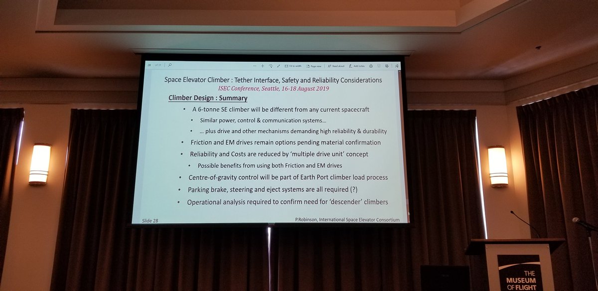 dotsdl's tweet photo. @Pteerr : Design considerations for space elevator climbers. Redundancy key, modularity in drive units with a mix of EM and friction-based possibly desirable, ejection systems for failure included. #ISEC2019 https://t.co/gwDsfNrM8d