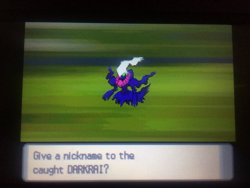 iloveshinyhunt's tweet photo. It happened!! My favourite mythical pokémon. 100% legit shiny Darkrai by using the void glitch in Diamond! What a journey this was. Played through the game for this one. Will eventually transfer him over to gen 7. #shinylivingdex https://t.co/IM8tdxPCmq