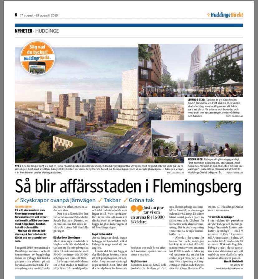 DronjakDaniel's tweet photo. Förra sommaren landade kommunen ett avtal om att bygga en ny ”affärsstad”, likt Arenastaden, i Flemingsberg. I helgens HuddingeDirekt uppmärksammas visionsbilderna för projektet. Ett historiskt projekt för hela Södertörn. https://t.co/IGGmPva5hm