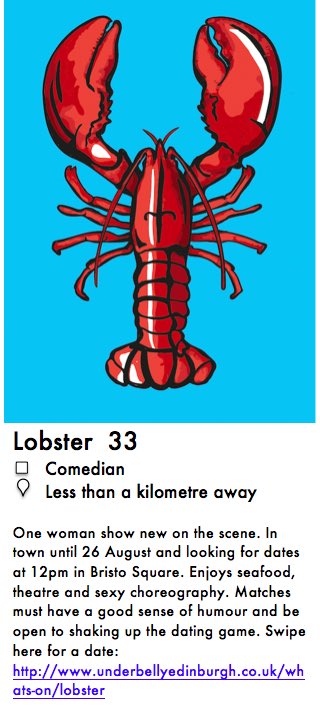 play_lobster's tweet photo. I am now on Tinder 💁‍♀️Oh yeah, baby. Swipe here for a date 👉 https://t.co/yfDC4SQfyv

#dating #tinder #EdFringe #LobsterPlay @LoquiturTheatre @FollowTheCow https://t.co/6jDDBaZHnE