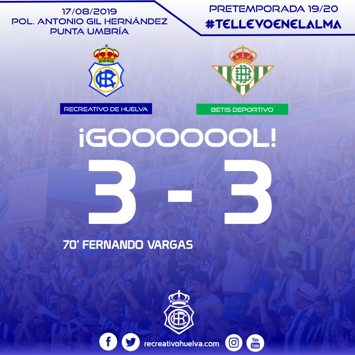 recreoficial's tweet photo. 70' ⚽ ¡GOOOL DEL DECANOOO! ¡GOOOL DE @Fernando8Vargas! Remató en el segundo palo un centro lateral para empatar de nuevo el encuentro.
#RecreBetis 3-3
#TellevoenelAlma💙 https://t.co/tgS7QXF68j