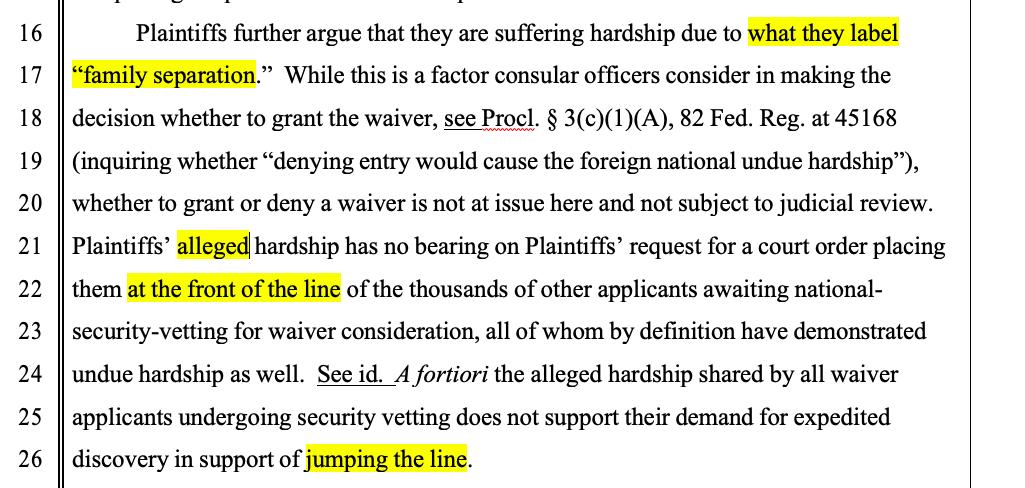 curtismorrison's tweet photo. Last nite Asst US Atty JOSEPH A. DARROW filed brief arguing there's line for #travelban waivers. Q's:
1) Where is the line? 
2) Where does it start?
3) Are there bathrooms? Seems like there should be bathrooms. 
4) Those getting visas fast? They have FastPass? #DarchinivPompeo https://t.co/oFlm8mE4BY