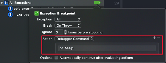 bionik6's tweet photo. Quick Xcode tip. Adding a custom action with the custom action "po $arg1" on an exception breakpoint can save you so much time while debugging. Highly recommend it.
#xcode #swiftlang #dev #osx #osxdev #iosdev https://t.co/CcHa4oZkVJ