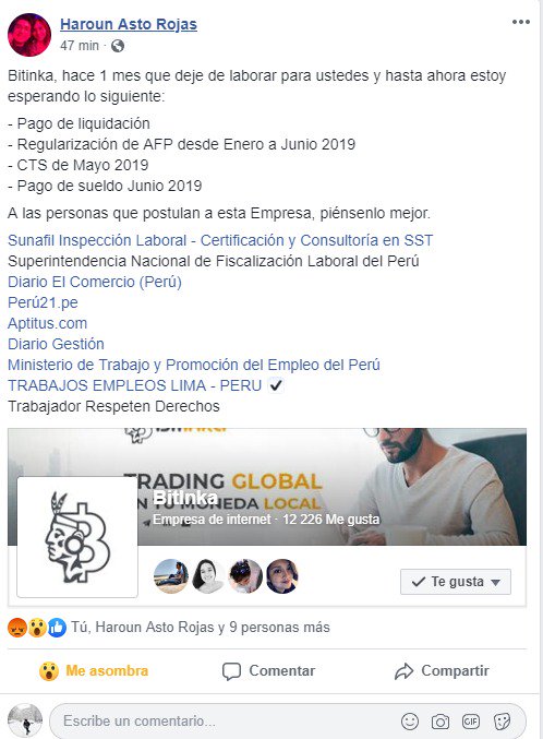 Misfitx21's tweet photo. @CriptoNoticias @BitInka Bitinka no solo debe dinero a sus usuarios sino tmb a sus propios trabajadores. Se deben sueldos y liquidaciones a más  de 20 personas incluida yo. Por favor investiguen y difundan sobre esto @SBSPERU @SunafilPeru @Gestionpe @elcomercio_peru @peru21noticias https://t.co/hTQ9JostOd