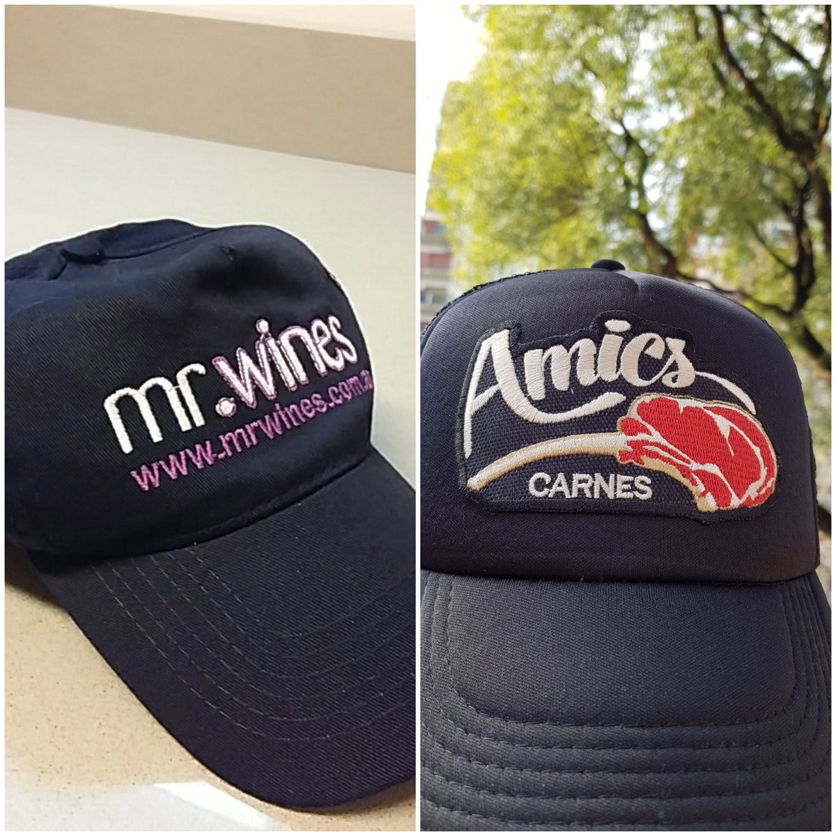 Mis gorras favoritas. Como equipo que gana, vinoteca y carnicería no se toca.