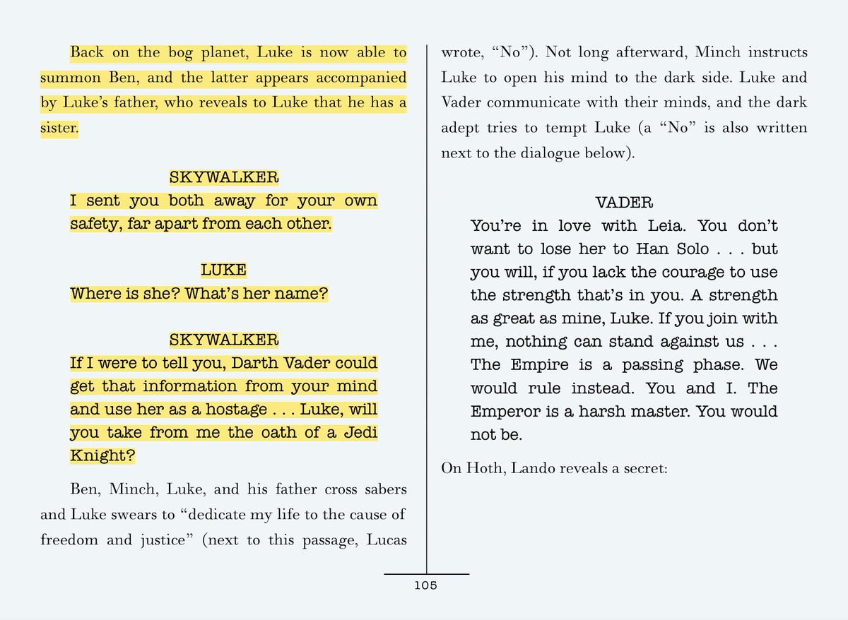 3. In Leigh Brackett’s February 1978  #EmpireStrikesBack first draft, Luke’s father Annikin appears on Dagobah and revels that Luke has a sister, the siblings kept apart from each other for their mutual safety.  #StarWars