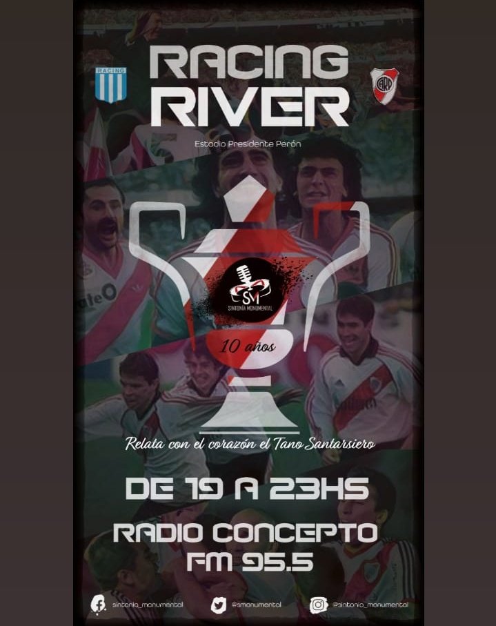 ¿Sos de #River? Escuchá la previa y el partido, con el relato de corazón del <a href="/TanoSantarsiero/">Tano Santarsiero</a>, el comentario apasionado y objetivo de <a href="/rubensintonia/">@Rubentigregomez</a> y quien escribe junto a <a href="/AgusDeYuliis/">Agustín De Yuliis</a> en vestuarios con todos los datos y entrevistas. Desde las 19 por FM 95.5 #Racing - #River