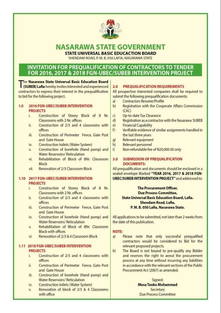 NSubeb's tweet photo. PRESS RELEASE

INVITATION TO SUBMIT APPLICATION.

Nasarawa SUBEB hereby invites interested contractors with relevant experienced to submit technical &amp; financial bids for the construction of classroom blocks, Rehabilitation/Renovation of classroom blocks, drilling of boreholes.... https://t.co/6TJQrSGMjk
