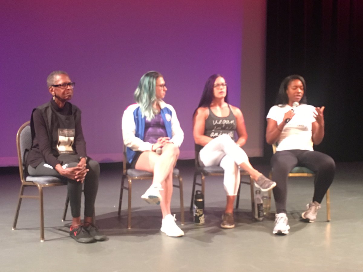 dbarman's tweet photo. Final spkrs @TriangleVegfest #tvf2019 #trianglevegfest - all-women #wpbb #vegan panel
bodybuilder champions Erin Fergus @waketechcc & Katya Gorbacheva https://t.co/zkukLIrnpc;
Brittany Sade https://t.co/mQ18UN1z3K, Betty Smith 78yo ultra-marathon runner @DurhamNC
@DurhamArts https://t.co/Ex84PgCBqr