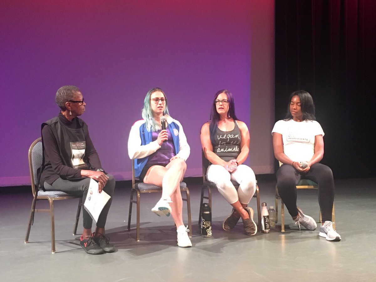 dbarman's tweet photo. Final spkrs @TriangleVegfest #tvf2019 #trianglevegfest - all-women #wpbb #vegan panel
bodybuilder champions Erin Fergus @waketechcc & Katya Gorbacheva https://t.co/zkukLIrnpc;
Brittany Sade https://t.co/mQ18UN1z3K, Betty Smith 78yo ultra-marathon runner @DurhamNC
@DurhamArts https://t.co/Ex84PgCBqr