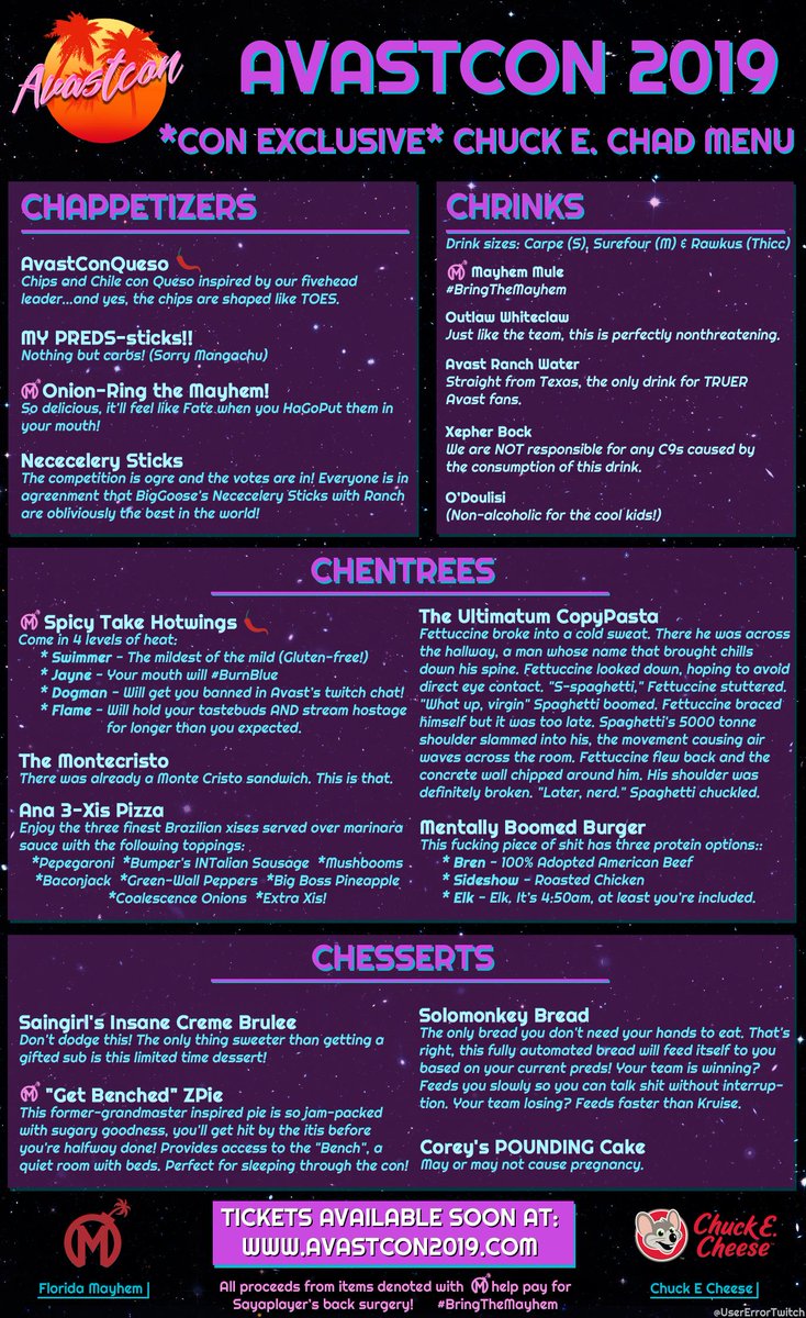 UserError__'s tweet photo. Unofficial @AvastCon exclusive menu brought to you by #chuckecheese!

Can't wait to attend the #eSports event of the century! 

#BringtheMayhem  #AvastCon2019 #OWL2019 https://t.co/6qbU5uwghN