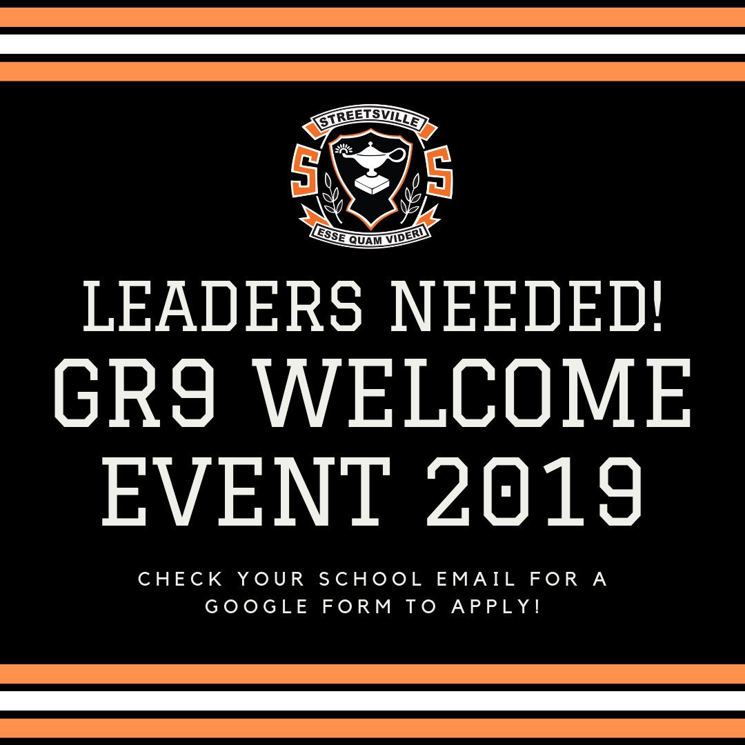 It’s almost that time! School is just around the corner and your help is needed. Apply to be a student leader for the grade 9 Welcome Event on the first day of school. #SSSFirstDayOfSchool2019 <a href="/StreetsvilleSS/">Streetsville S.S.</a>