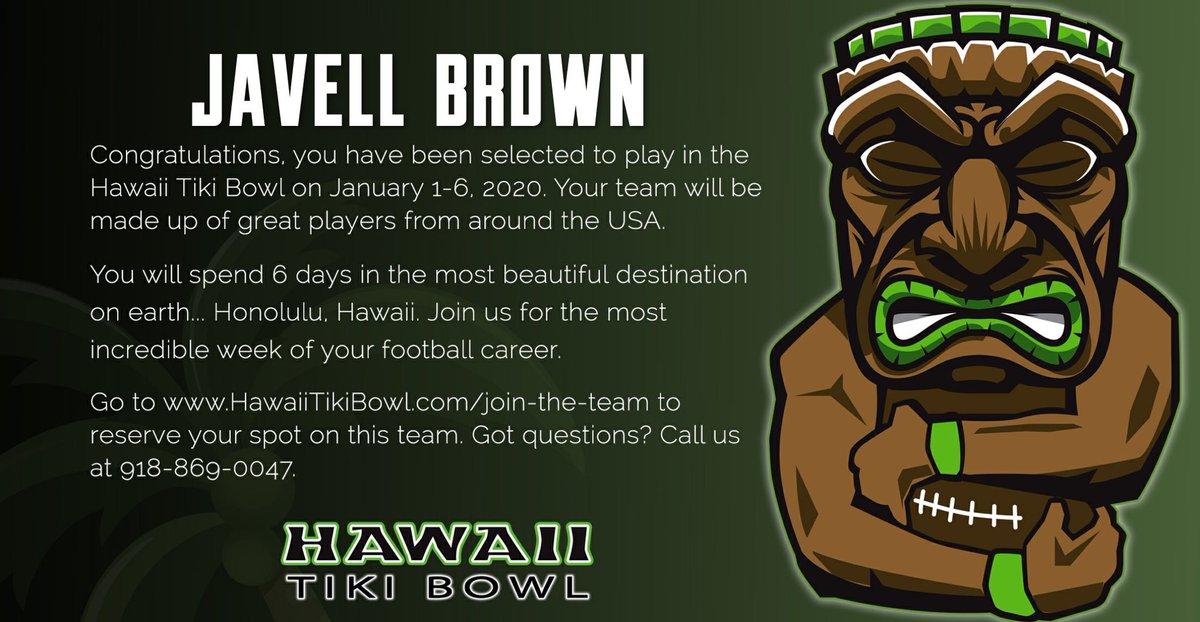 JavellBrown04's tweet photo. Blessed To Be Invited To Play In Hawaii Tiki Bowl @KHS_Football @HawaiiTikiBowl https://t.co/YsvqyLitPI
