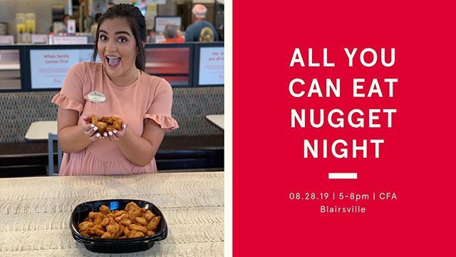 Bring your appetite for AYCE Nugget Night on Wednesday, August 28th from 5-8 pm at Chick-fil-A Blairsville! More details and rules to follow. #ForTheFive #AYCENuggetNight ift.tt/2Hadfug