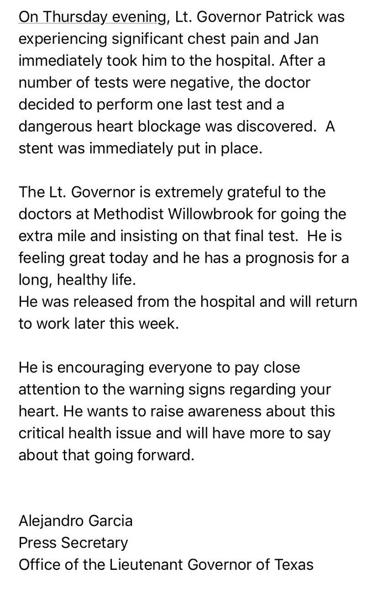 PhilPrazan's tweet photo. #BREAKING: Texas Lt. Gov @DanPatrick went to the hospital with chest pains. Details below from his office. @KXAN_News #txlege https://t.co/xleIQd0LLO