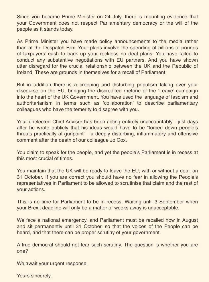 heidiallen75's tweet photo. Out country is in the middle of a national emergency. There is no mandate for an undemocratic no deal #Brexit. I have added my name to a letter to the PM demanding he recalls Parliament. RT if you believe @BorisJohnson should #RecallNow https://t.co/LOIjOf2reX