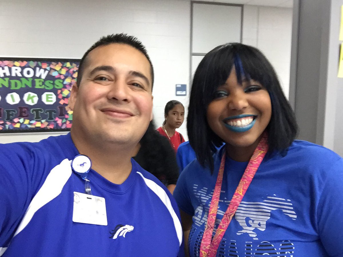 CFISD_Sanchez's tweet photo. With one of my favorite BLUED OUT teachers at Dean! Did we just get photobombed?? #allaboutthedean #CFISDspirit https://t.co/atYxgf5Ote