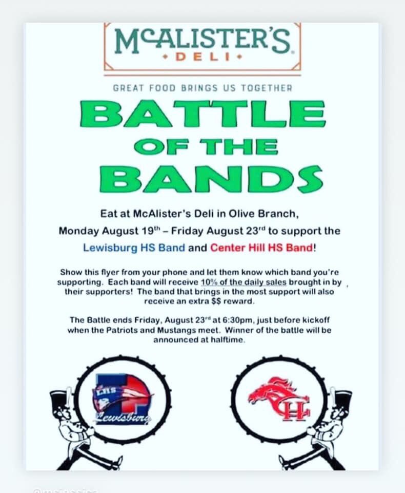 Lhspatriotband's tweet photo. Go eat at McAlisters in OB this week and tell them to put your purchase towards the Lewisburg Band!! https://t.co/lWUNaAsTqi