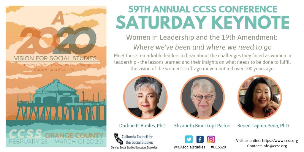 CAsocialstudies's tweet image. 📣 Announcing the CCSS 2020 Conference SATURDAY Keynote Panel! 📣

Women in Leadership and the 19th Amendment: Where we&apos;ve been and where we need to go. #CCSS20