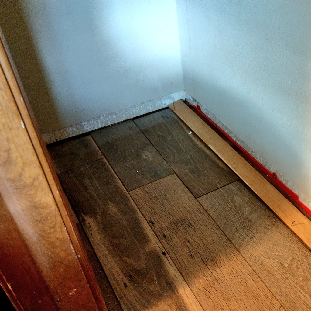 FoaRyan's tweet image. Will be glad to have this done: closet section of floor wasn't aligned right, plus some pieces were not together.  #saturdaywork