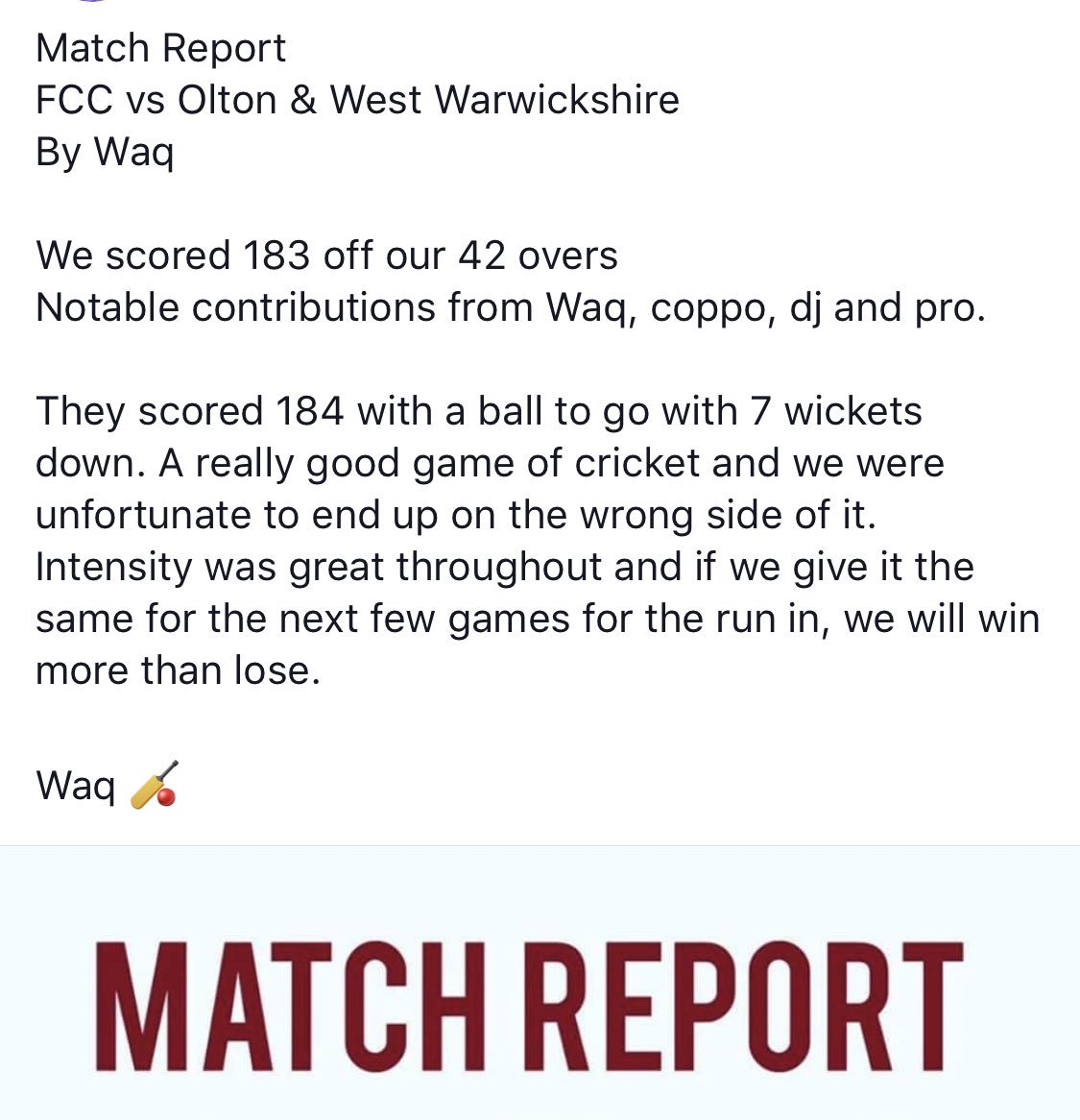 Match Report: FCC 1st XI vs Olton &amp; West Warks CC by Skipper, Waq. 🏏