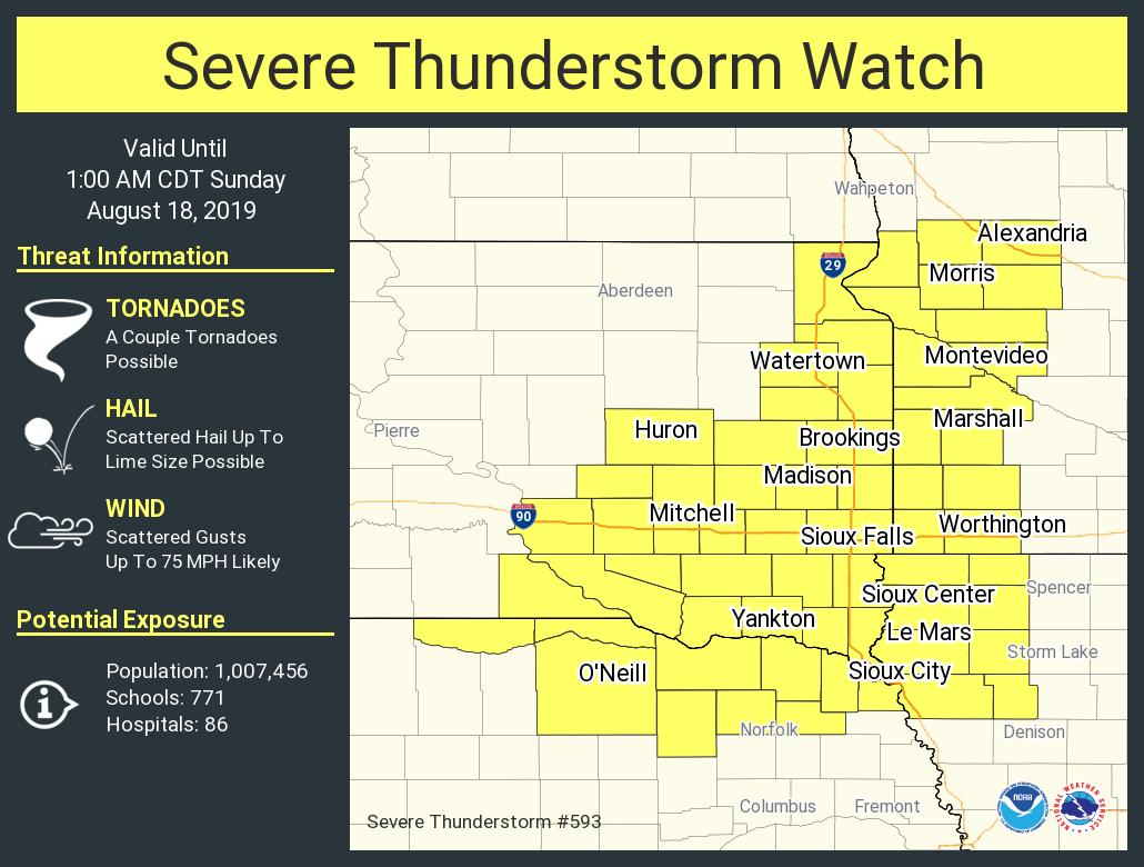 NWSSiouxFalls's tweet photo. A severe thunderstorm watch has been issued for parts of Iowa, Minnesota, Nebraska and South Dakota until 1 AM CDT https://t.co/rdomsKOfRv