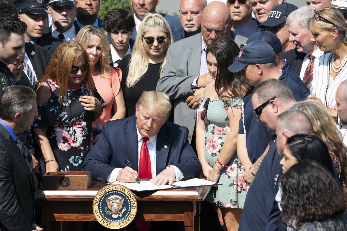 WhiteHouse45's tweet photo. On July 29, President @realDonaldTrump permanently authorized the 9/11 Victims Compensation Fund⁠—ensuring financial support for families who lost loved ones as a result of September 11th attacks. https://t.co/oy56YZMOJF