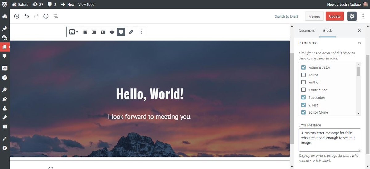 justintadlock's tweet photo. The Members - Block Permissions add-on plugin is coming along nicely.

I finally had a little free time to sit down with it today and work through some of the roadblocks I was hitting. Got it working in the admin and on the front end. Now it's all about making it even cooler. https://t.co/BqdiBKQGm5