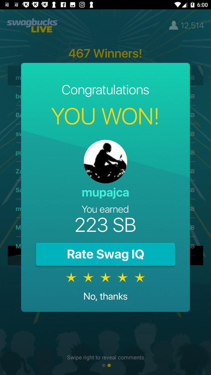 TvPromos_365's tweet photo. @Swagbuckslive I won 2 Dollars in Swagbucks Live, a trivia game show. You can join as well and get free live using my code 'mupajca'. Get the app &amp; sign-up to play. https://t.co/lxrtGzeMBp #SwagbucksLive #SBLive #hqtrivia #trivia #quiz https://t.co/hiSotb7BX0