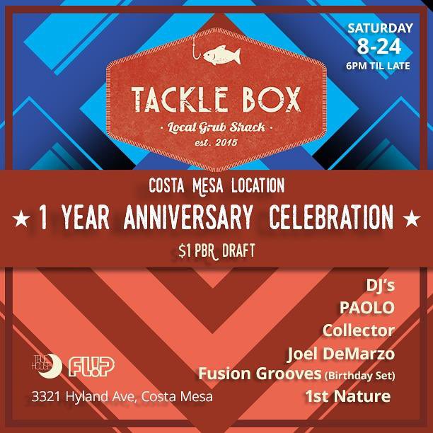 FusionGrooves's tweet photo. Celebrating 1 year of @tackleboxoc So happy to be part of providing the sounds for this special event! Free entry! We're starting early &amp; going late 6p-1a > $1 PBR Pints &amp; 1st 50 people get an order of Free Potato Taquitos!
@swerveoc @TrueHouseLa #socoandtheocmix #ochousemusic https://t.co/LF4dM1zhJD