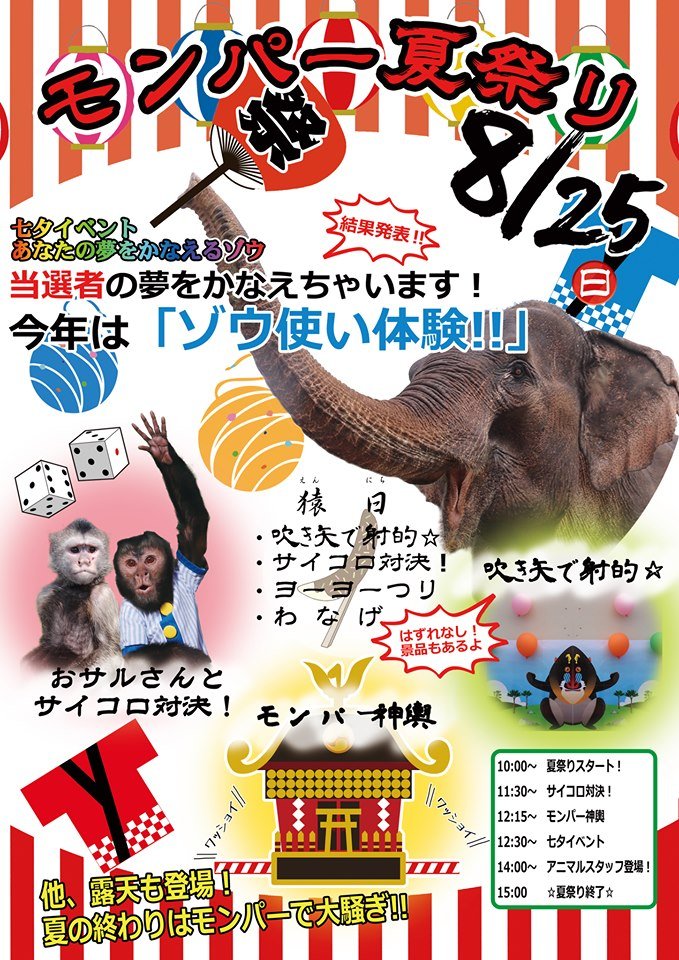 monkey_park's tweet image. ☆モンパー夏祭り☆

8月25日（日）はモンパー夏祭りを開催しちゃいます🤩✨
モンパー全体でお祭りムードを盛り上げちゃいます！
オリジナルの屋台や猿(えん)日もご用意🎯
ぜひ夏の思い出に足をはこんでくださいね～🌻

#夏祭り #那須ワールドモンキーパーク #那須 #モンパー #ＭＯＮＫＥＹＰＡＲＫ