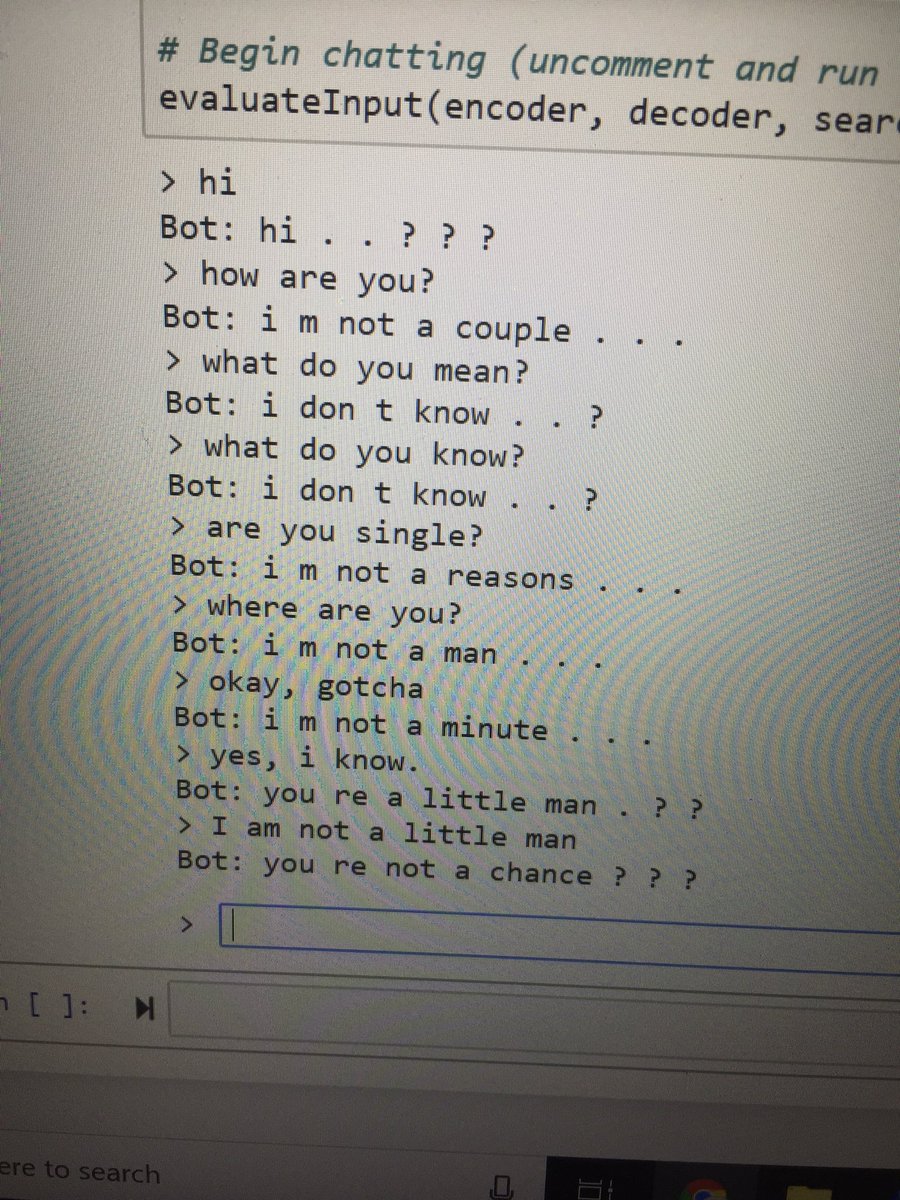 OnoLovesAI's tweet image. Chatbot, after initial training with 1500 iterations. I should iterate more! #PyTorch #pytorchtutorial #chatbot on movie conversation data