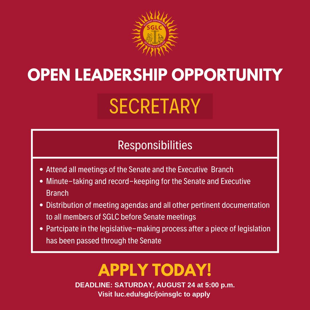 SGLoyolaChicago's tweet photo. 🐺🚨 Rambler Alert! SGLC is seeking to appoint a student to the Secretary position. Check out the link in our bio to learn more &amp; apply! Applications are due August 24th at 5:00 p.m. https://t.co/Hpn3vptGt3