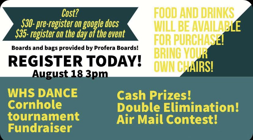 SCWHSDanceTeam's tweet photo. TOMORROWS THE DAY!! The day to let the competitive side out without the judgement! This is your chance! Sign up for the CORNHOLE tournament!! Link: https://t.co/dReZ0ZLqU1 https://t.co/ksvXDK2WV2