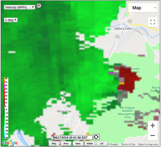 UMassRadar's tweet photo. Likely the strongest wind feature we observed tonight on the leading edge of the line.  Crossed Rt. 63 south of Millers Falls and into a protected forest area.   #MAWX https://t.co/Rf5h5D8QjR