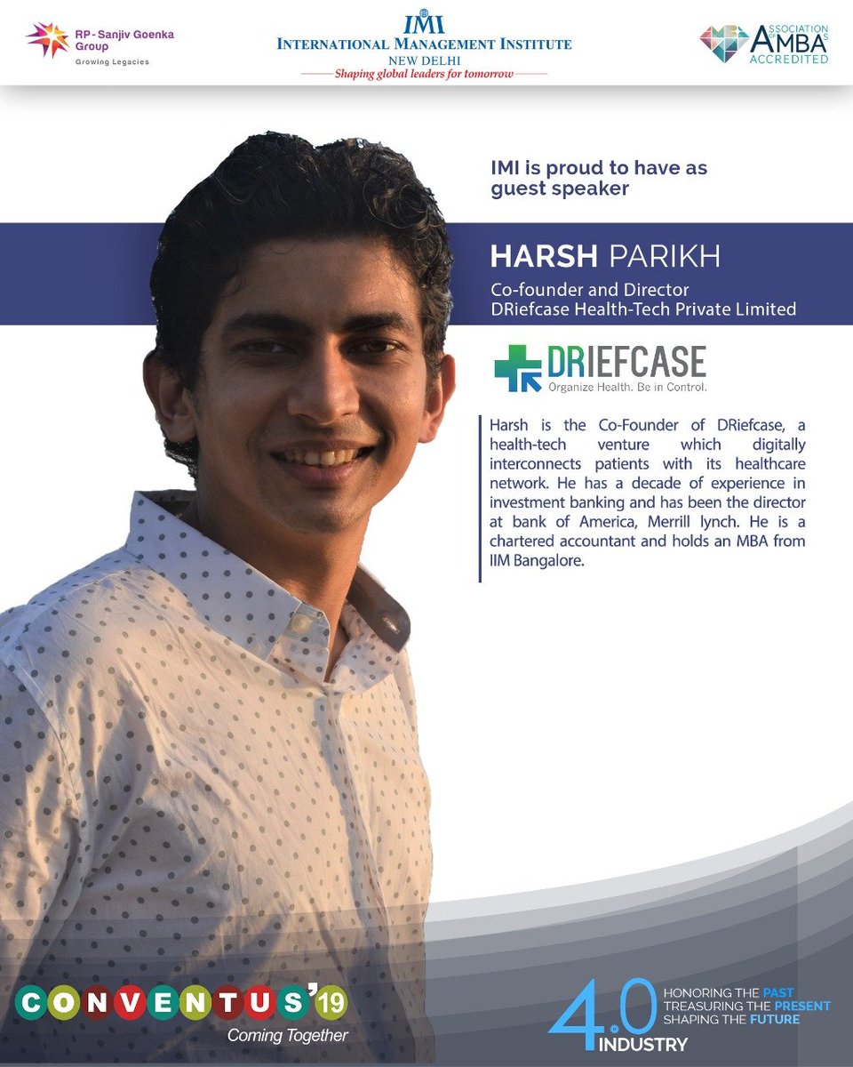 Constrat_IMI's tweet photo. The Consulting and Strategy Club, IMI New Delhi, is immensely delighted to announce Mr Harsh Parikh, Co-founder and Director of Health- Tech Private limited as our guest speaker.
We are eagerly awaiting for him to share his insights

#Conventus19
#industry4
#CONSTRAT
#IMINewDelhi https://t.co/VlfXJLfmoV