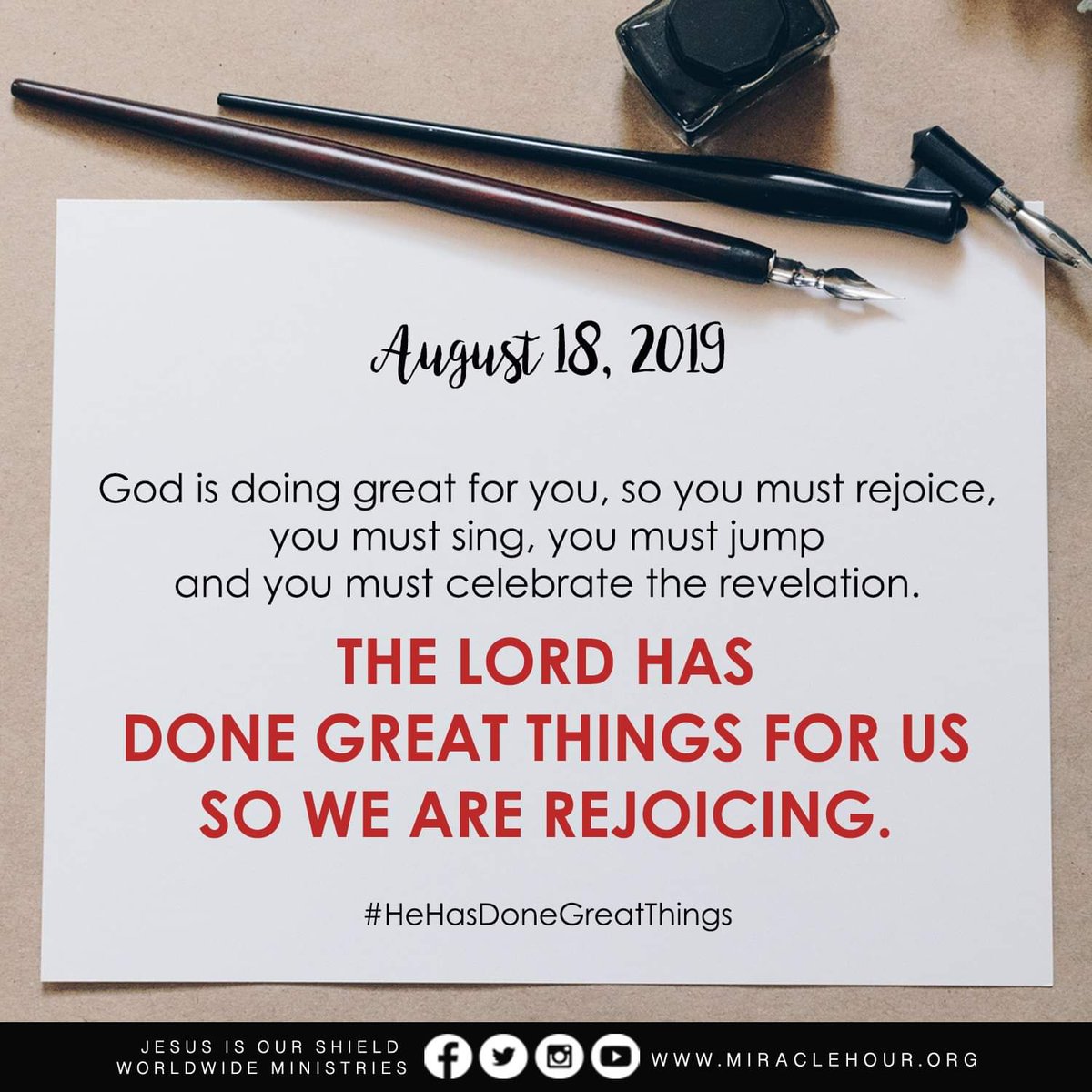 JIOSWMofficial's tweet photo. Day 230 of 365 - God is doing great for you so you must rejoice, you must sing, you must jump, and you must celebrate the revelation. The Lord has done great things for us so we are rejoicing. -Apostle Renato D. Carillo
#HeHasDoneGreatThings https://t.co/XDLSmPbAdS
