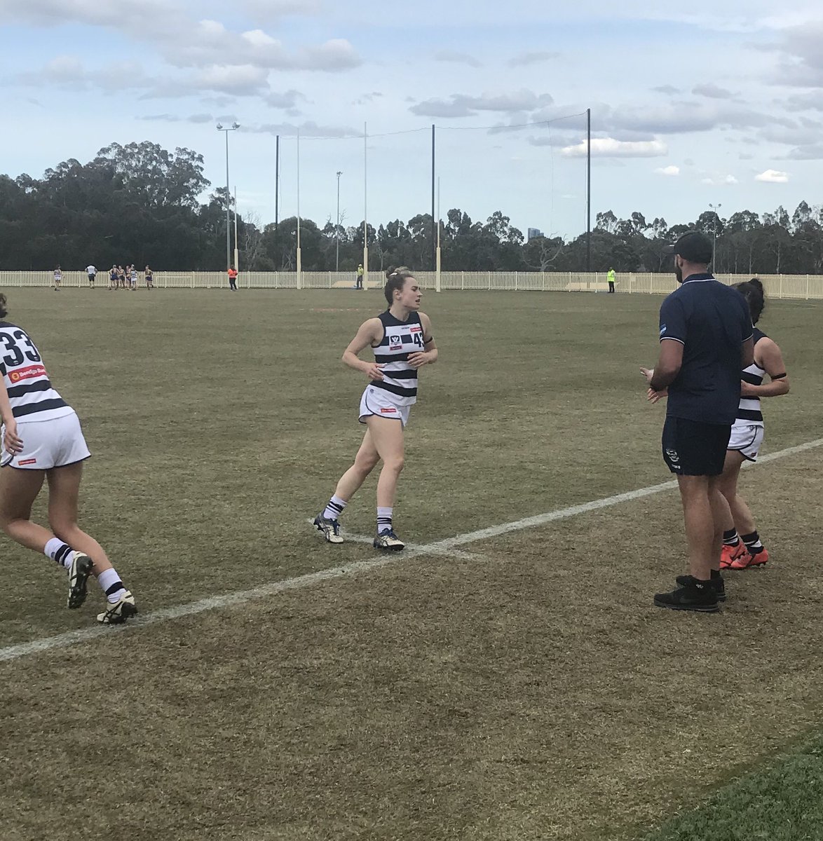 Big day for Geelong region Women’s footy grand finals at Lara and former North Geelong Magpie Maddie Maguire comes off for a rest after kicking the second goal for the Cats VFLW team