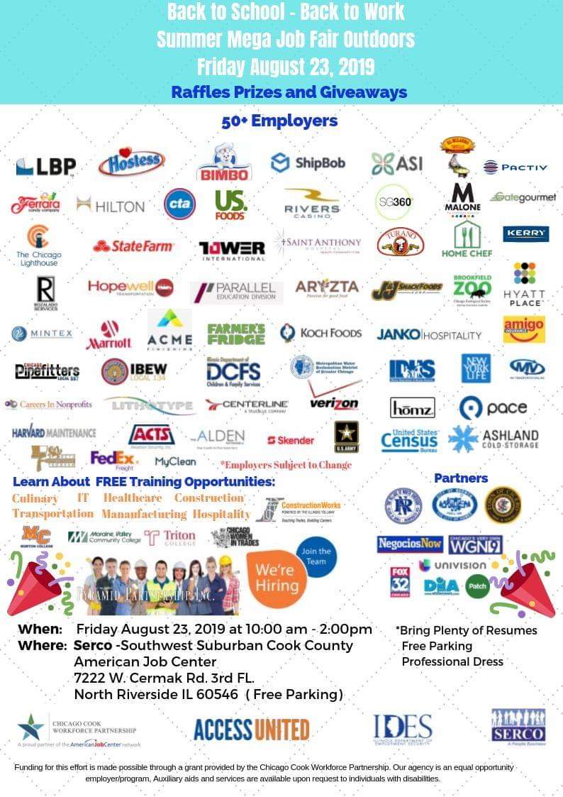 Back to School - Back to Work Job Fair Friday August 23. 2019. Over 70 employers. Please share with Chicago and Suburban job seekers. #chicagojobs <a href="/chicagosmayor/">Mayor Brandon Johnson</a> <a href="/Suntimes/">Chicago Sun-Times</a> <a href="/chicagotribune/">Chicago Tribune</a>