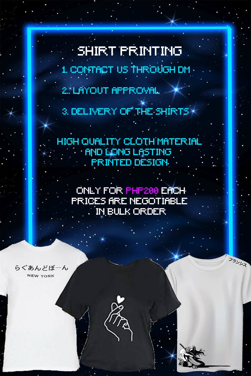 Cre8Tomasino's tweet photo. 👾 GOT SHIRT PRINTING NEEDS? Cre8 Tomasino has got it for you! We can put your dream shirt designs into life! DM us for more inquiries! 👾 #graphicart #art #shirt #fashion #highquality #WeCre8 https://t.co/iVLyOT5Ad2