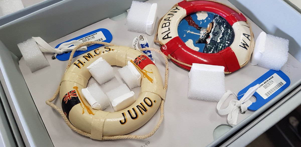 seamuseum_'s tweet photo. Miniature life buoys were once a popular memento of voyages. The museum’s collection covers a period from the age of tall ships to post-WWII holiday cruising.
Peek behind the scenes to see how we care for them: https://t.co/4yBZl0uAKn https://t.co/J8jtHATHHW