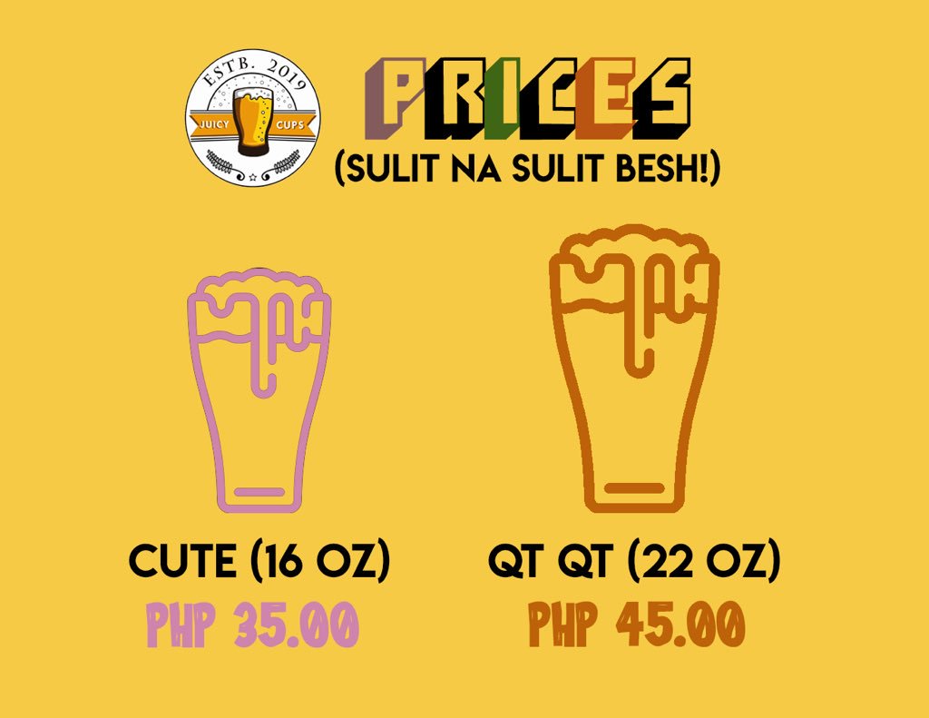 FruityBubblers's tweet photo. BESHIEWAPS! Here is the price range for our juicy cups. Oh diba? Sulit na sulit besh! May freshly squeezed fruit juice ka na with an affordable price 🍹For sure, lahat ng cute at qtqt, bibili neto!! Swak na swak ‘to sayo besh 💛

Watch out for our flavor reveal later, thank you! https://t.co/Eh2F3OrI9u