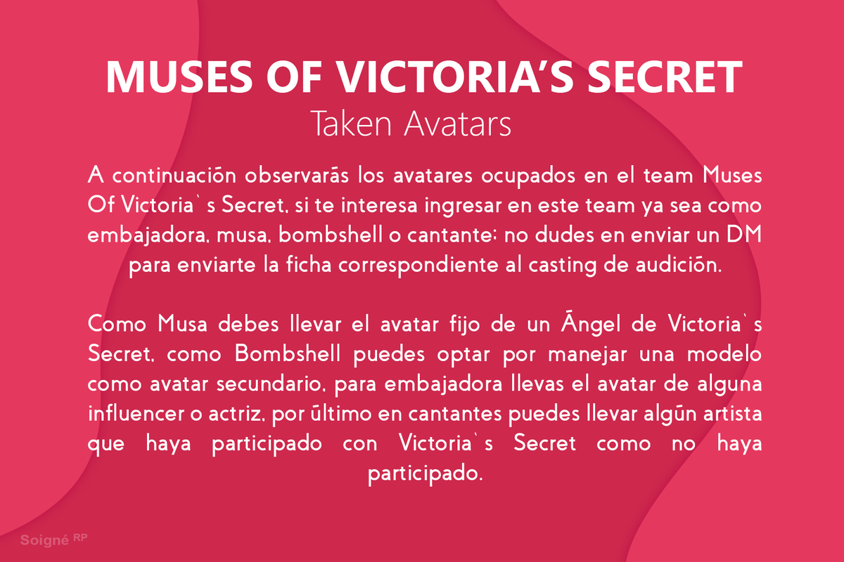 MUSESOVS's tweet photo. .
                   🌷┊𝗧𝗔𝗞𝗘𝗡 𝗔𝗩𝗔𝗧𝗔𝗥𝗦

  La lista de los avatares tanto libres como ocupados, lo encontrarás en esta lista. Recordamos que puedes ocupar el cargo ya sea de Musa [Ángel], Bombshell [Esta con un avatar secundario o fijo], Embajadora y/o Cantante. https://t.co/698GduqWLr