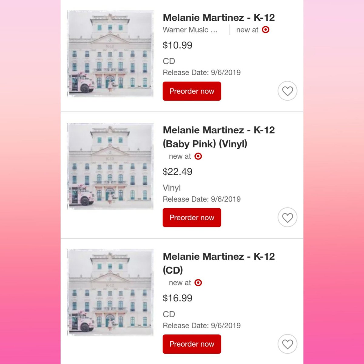 cn_melanie's tweet photo. Target 正式开启『K-12』周边预售

『K-12』粉胶 售价：22.49刀
『K-12』专辑 (CD) 售价：10.99刀
『K-12』专辑 (CD+DVD) 售价：16.99刀

#MelanieMartinez 
#MelanieMartinezK12
#MM2IsComing https://t.co/zETeNsw6XS