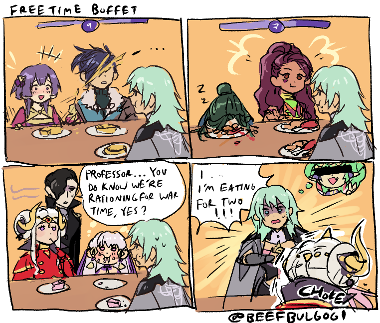 fe3h timeskip spoilers / / 

i spend all 10 free times eating so i can only imagine how much byleth can shovel down 